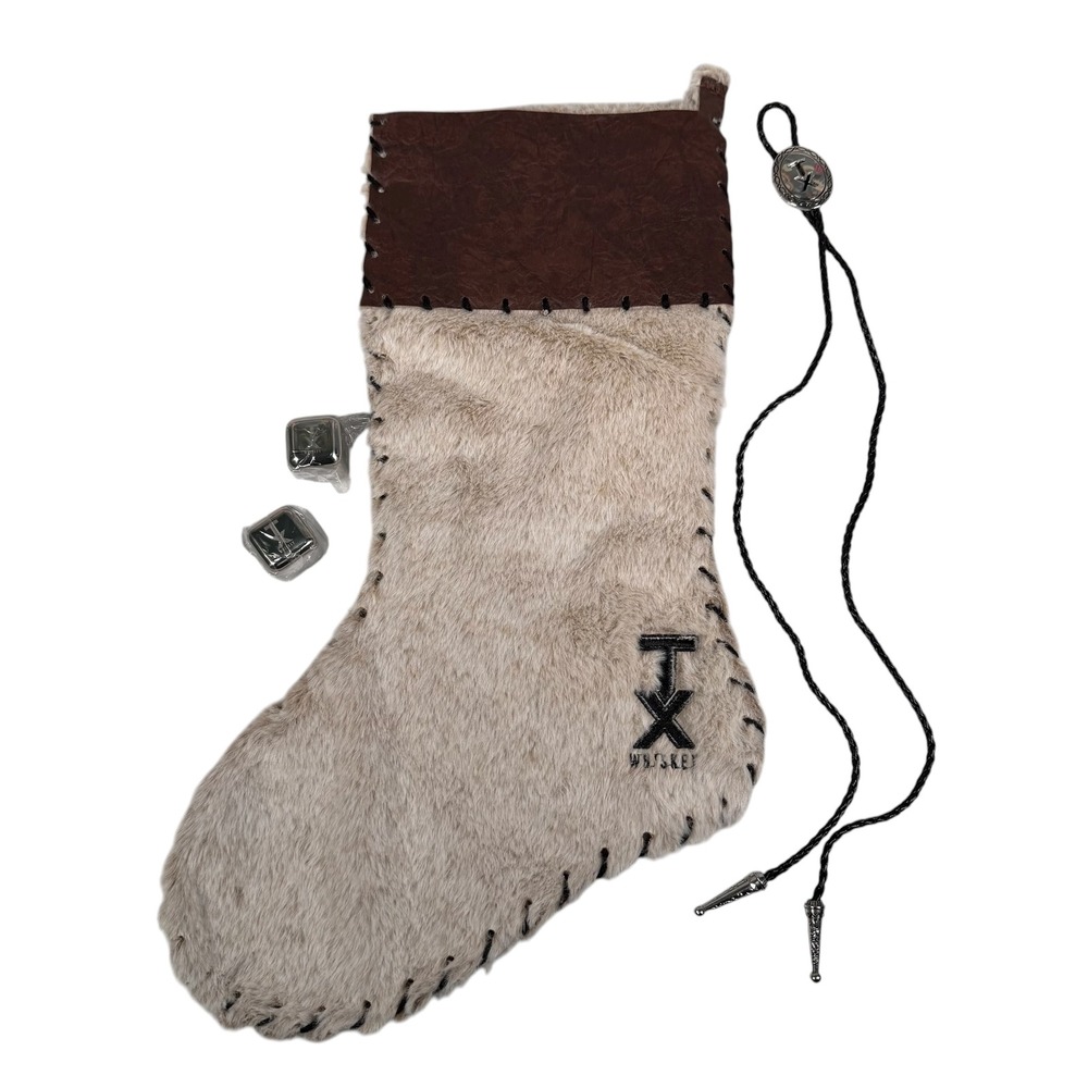 TX Whiskey Christmas Stocking Western Rustic Faux Fur‎ Bolo Tie Ice Cube Set NEW